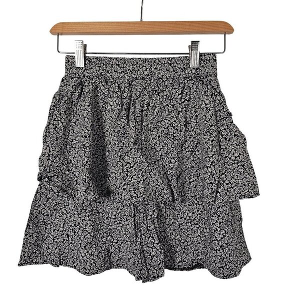 Madewell Pull-On Tier Mini Skirt in Tudor Floral Black & White Size 00 - Picture 1 of 11